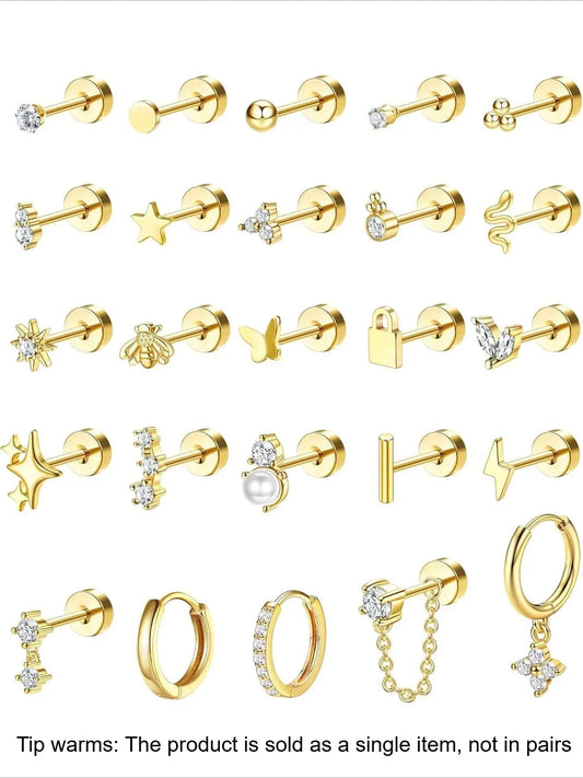22 Pcs Hypoallergenic Earrings for Sensitive Ears, Stainless Steel Earrings for Women, Dainty Flat Back Studs, Hoop Cartilage Earrings, Earrings for Cartilage Piercing