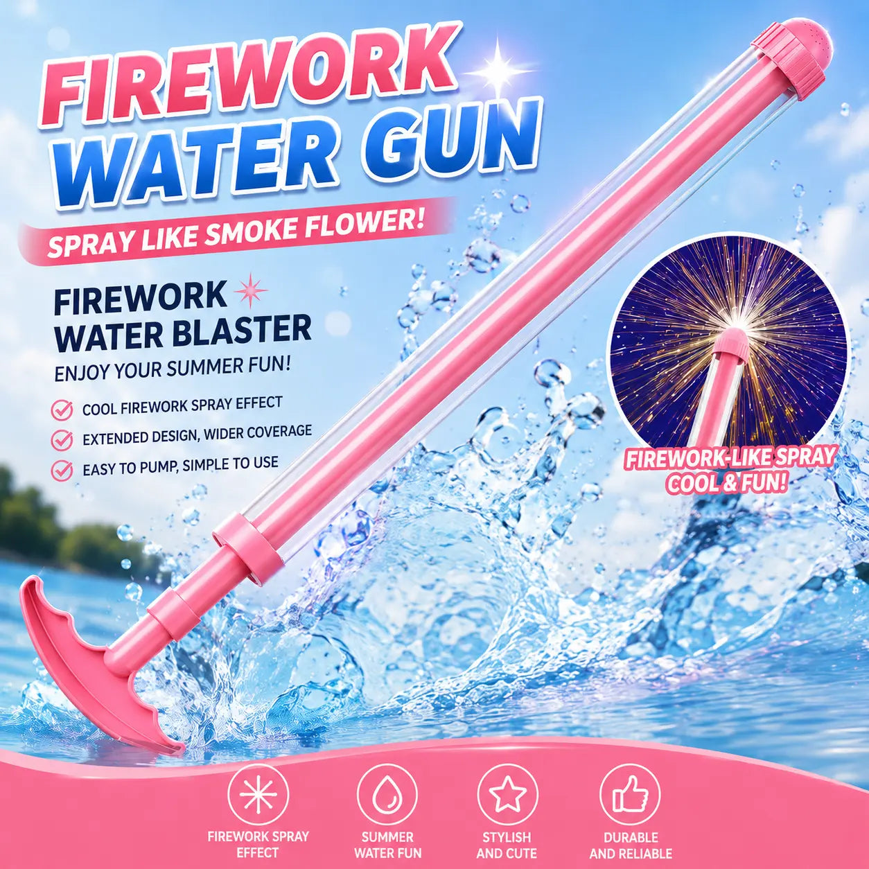 Pink Retractable Water Gun — Summer Outdoor Pool & Beach Water Play Party Toy — Water Hose / Drain Pipe / Drainage System